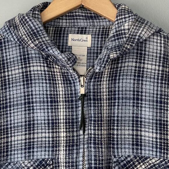 NorthCrest Size Medium Blue Plaid Flannel Hooded Shirt Shacket 90s Y2K Grunge - Picture 4 of 9